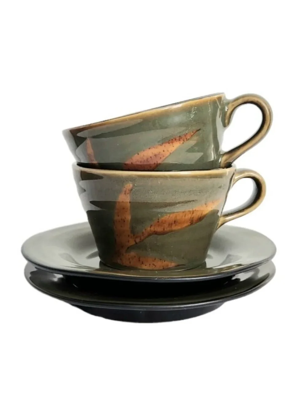 Set Of 2 Pier 1 DAKARA Tea Coffee Cup & Saucers Olive Green Black Interior Boho